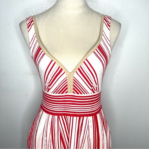 ANTHROPOLOGIE Postmark Poppy Stripe Dress Red Cream V-Neck Knee Length Size 2 - Picture 5 of 14